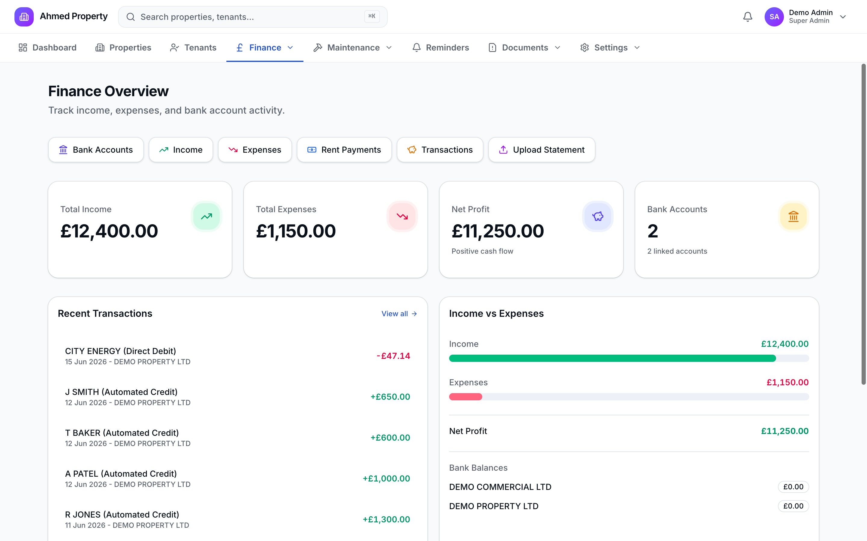 Inside the Ahmed Property app, showing demo data