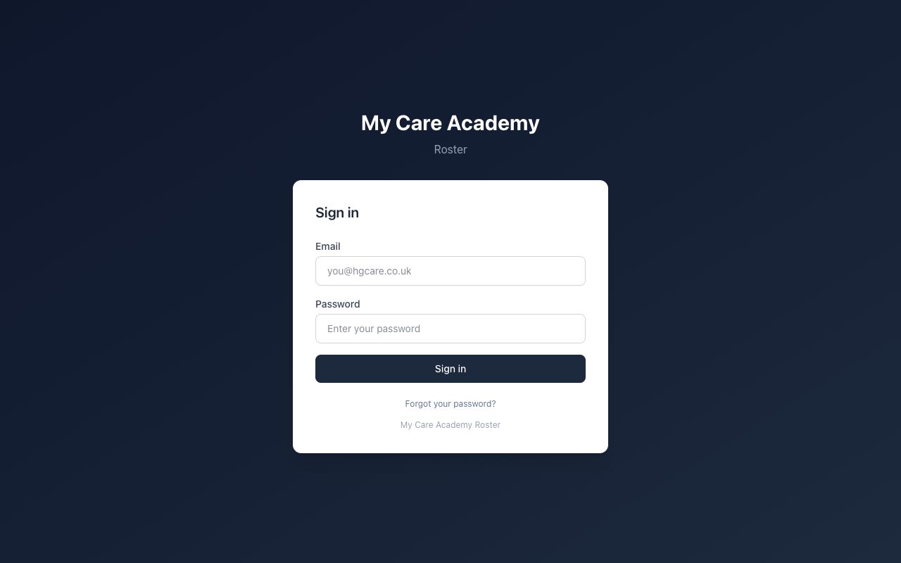 Screenshot of the HG Care Staff Portal website