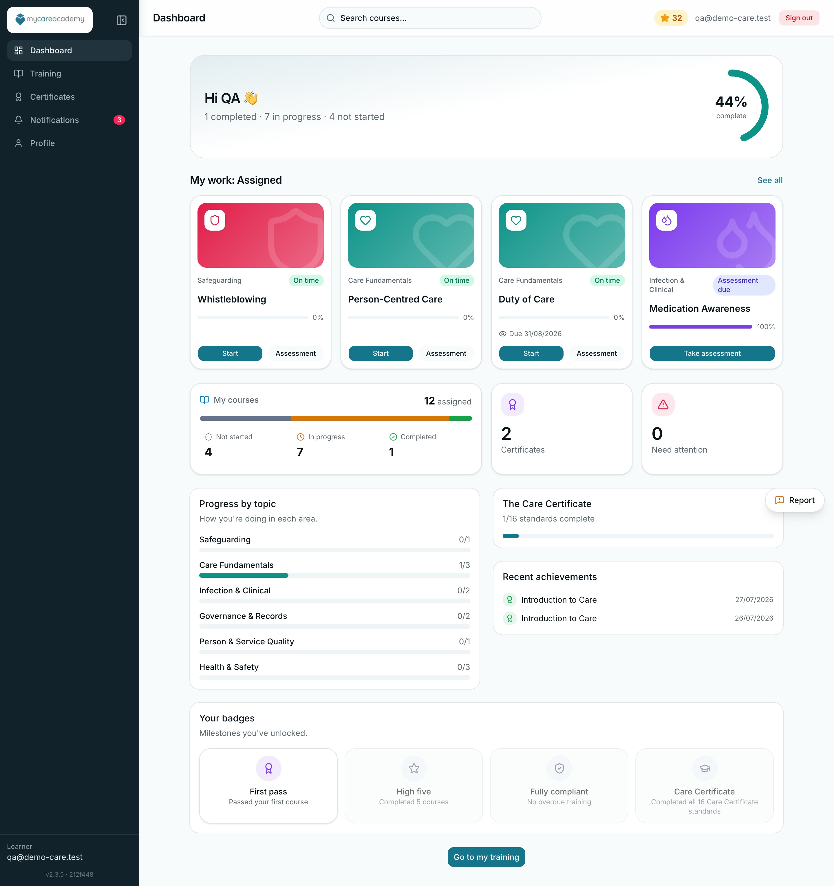 Inside the My Care Academy app, showing demo data